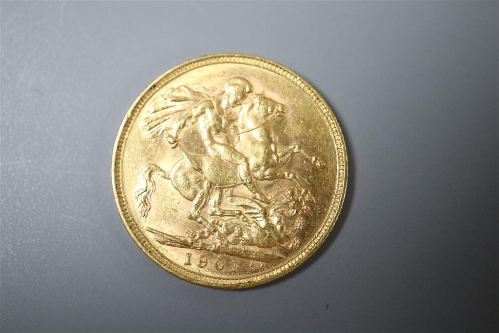 An Edward VII 1901 gold sovereign.